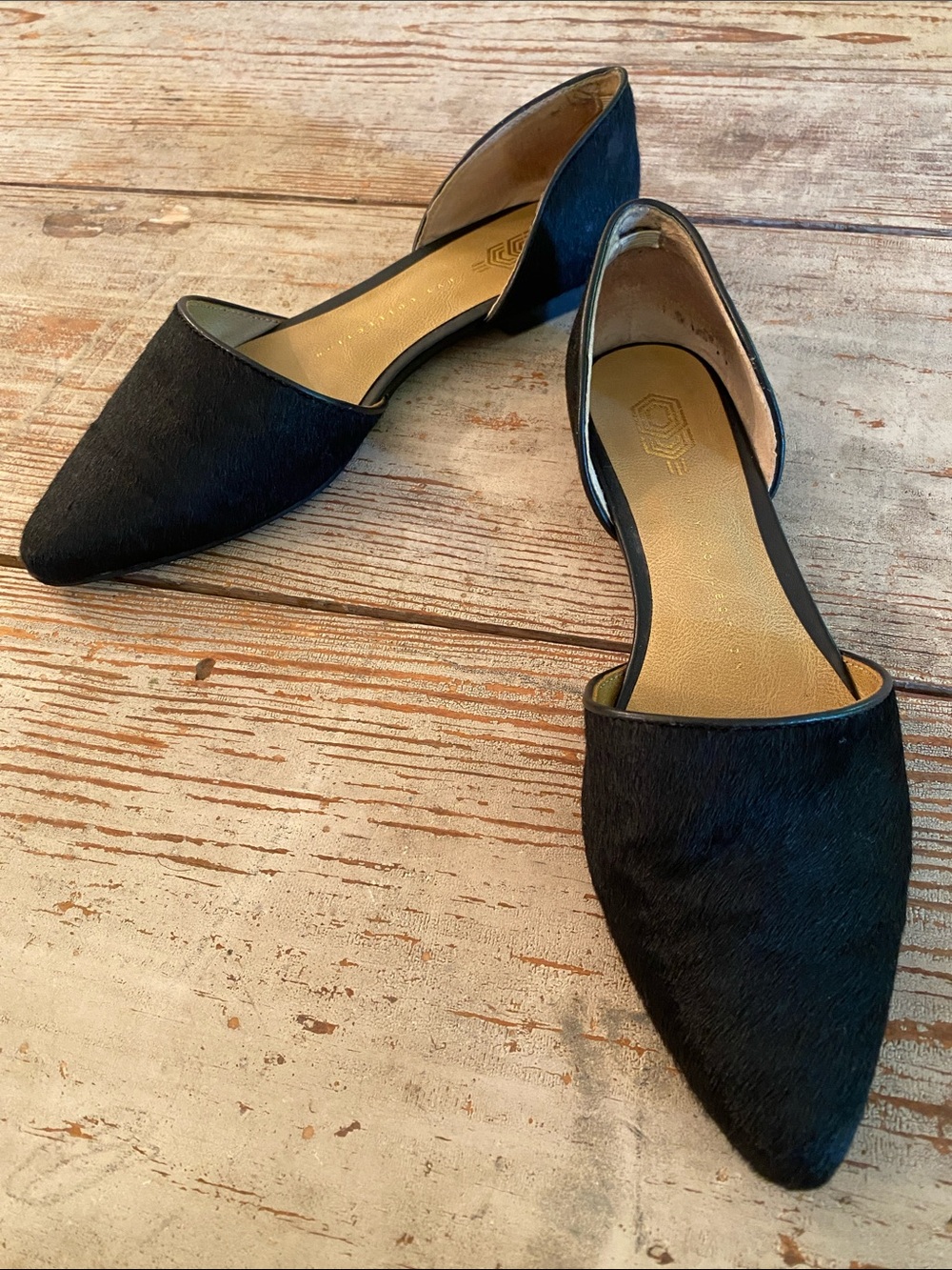 Black Calf Hair Leather Pointed toe Flats with Cushioned Insole